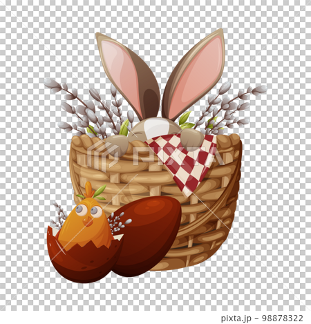 An Easter bunny hides in a wicker basket with willow branches, a cute chicken in a red egg sits next to it. Vector illustration for the holiday, isolated background An Easter bunny hides in a wicker basket with willow branches, a cute chicken in a red egg sits next to it. Vector illustration for the holiday, isolated background 98878322