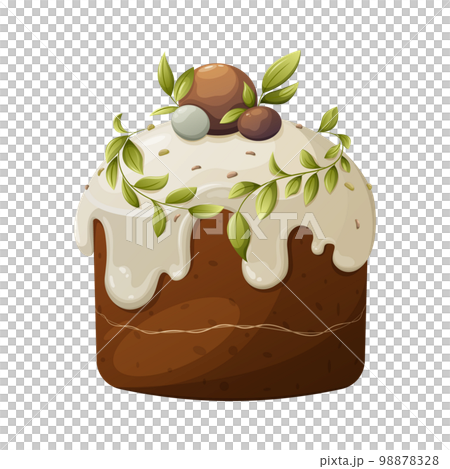Traditional easter cake decorated with white glaze, colorful candies, leaves. Isolated vector illustration, cartoon style. Sweet flour product for the holiday Traditional easter cake decorated with white glaze, colorful candies, leaves. Isolated vector illustration, cartoon style. Sweet flour product for the holiday 98878328