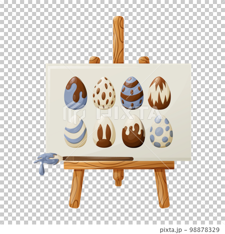 Easel with painted colorful Easter eggs, holiday vector illustration, isolated background, cartoon style 98878329