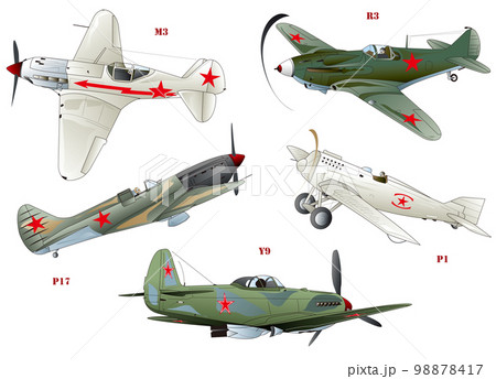 第二次世界大戦頃に活躍したロシアの単座プロペラ戦闘機5種類vectorイラストセット。 第二次世界大戦頃に活躍したロシアの単座プロペラ戦闘機5種類vectorイラストセット。 98878417