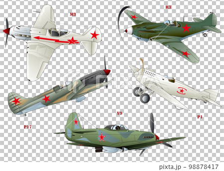 第二次世界大戦頃に活躍したロシアの単座プロペラ戦闘機5種類vectorイラストセット。 第二次世界大戦頃に活躍したロシアの単座プロペラ戦闘機5種類vectorイラストセット。 98878417