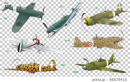 A vector illustration set of 7 types of Italian single-seat propeller fighter planes that were active around World War II. A vector illustration set of 7 types of Italian single-seat propeller fighter planes that were active around World War II. 98878418