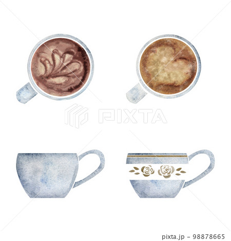 Watercolor hand drawn set of objects. Capuccino coffee cups, porcelain and gold, top and side view. Isolated on white background. For invitations, cafe, restaurant food menu, print, website, cards 98878665