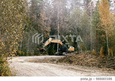 Vegetation removal with excavator forestry mulcher head. Vegetation removal with excavator forestry mulcher head. 98880386
