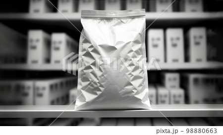 blank white plastic bag with zip-lock mockup on grocery store shelfs background, neural network generated art 98880663