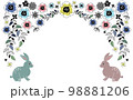 北欧風の花と二羽のウサギの手描きフレーム 98881206