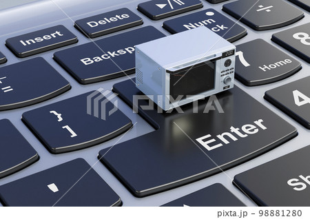Combination oven, microwave on laptop keyboard, 3D rendering 98881280