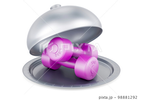 Restaurant cloche with Purple Dumbbells for Strength Training, 3D rendering 98881292