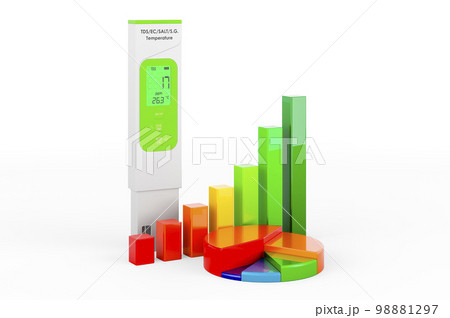 TDS meter with growth bar graph and pie chart. 3D rendering TDS meter with growth bar graph and pie chart. 3D rendering 98881297