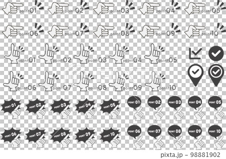 單色套手勢和點圖標和復選標記標誌。 單色套手勢和點圖標和復選標記標誌。 98881902