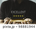 People give five stars satisfaction review on business by using smartphone. Online customer service feedback concept. 98881944