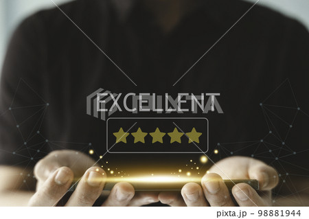 People give five stars satisfaction review on business by using smartphone. Online customer service feedback concept. 98881944