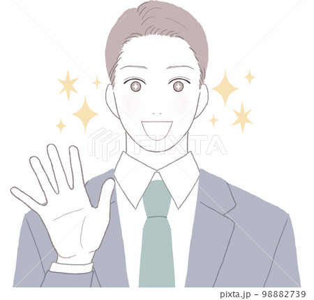 目を輝かせるスーツを着た爽やかな若い男性 手を振るポーズver 目を輝かせるスーツを着た爽やかな若い男性 手を振るポーズver 98882739