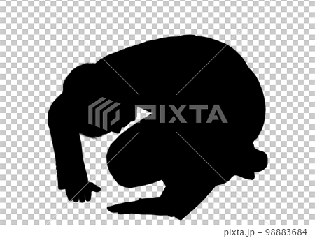 An illustration of a man kneeling from above, looking down on the front of his body 98883684