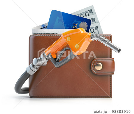 Wallet or purse with money, credit card and gas pump nozzle. 98883916