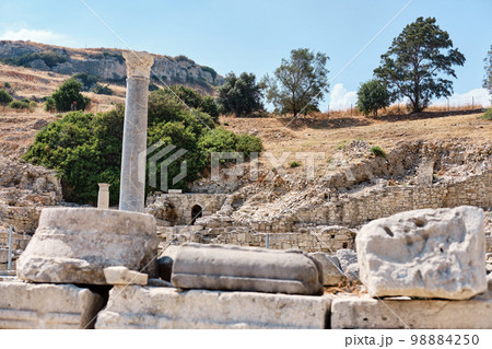Ruins of Sanctuary of Apollo Hylates located at the beach of mediterranean sea. Near an ancient greek town of Kourion. Limassol, Episkopi, Cyprus. 98884250