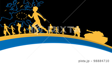 Silhouettes of refugees on blue-yellow background, Stop war, and concept of peace in Ukraine 98884710