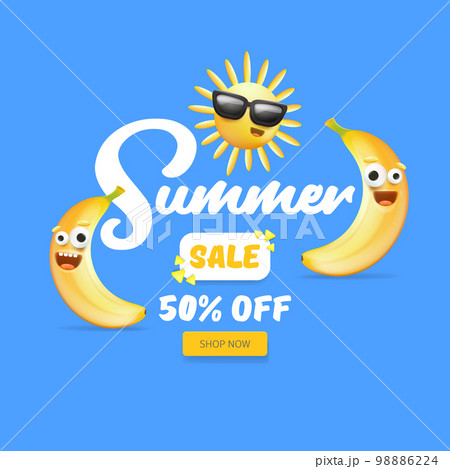 Summer sale funny square banner with cartoon sun and funky banana character isolated on summer blue background. Vector 3d horizontal summer hot sale poster, flyer, banner, tag and background Summer sale funny square banner with cartoon sun and funky banana character isolated on summer blue background. Vector 3d horizontal summer hot sale poster, flyer, banner, tag and background 98886224