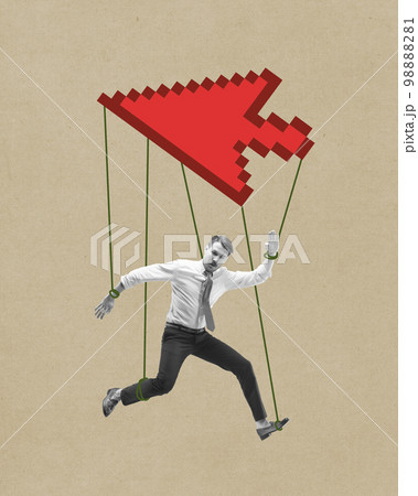 Contemporary art collage. Conceptual design. Professional manipulation. Businessman, employee hanging on strings like puppet. Coordination of movements Contemporary art collage. Conceptual design. Professional manipulation. Businessman, employee hanging on strings like puppet. Coordination of movements 98888281