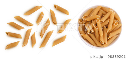 Wolegrain penne pasta from durum wheat isolated on white background with full depth of field. Top view. Flat lay, Wolegrain penne pasta from durum wheat isolated on white background with full depth of field. Top view. Flat lay, 98889201