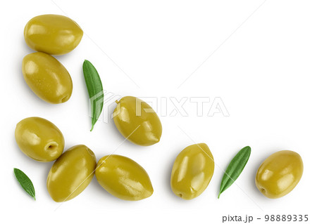 Green olives with leaves isolated on a white background with full depth of field. Top view with copy space for your text. Flat lay 98889335