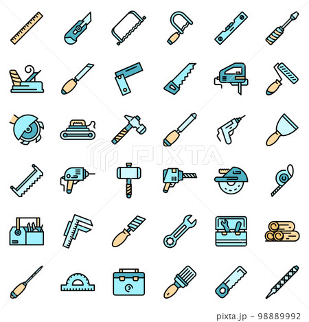 Carpenter tools icons set. Outline set of carpenter tools vector icons thin line color flat on white 98889992