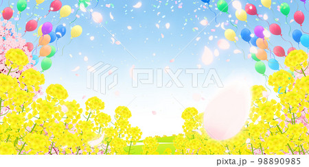 菜の花畑と桜並木　背景素材 98890985