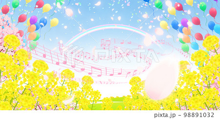 菜の花畑と桜並木 背景素材 菜の花畑と桜並木 背景素材 98891032