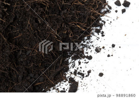Black Fertilize Soil ready to planting, good organic soils with root for garden farming, pile set texture detail of soil with roots dust dirty. close up selective focus over White background Isolated Black Fertilize Soil ready to planting, good organic soils with root for garden farming, pile set texture detail of soil with roots dust dirty. close up selective focus over White background Isolated 98891860