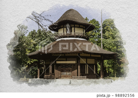水彩画風　上野公園　俳聖殿　三重県伊賀市 98892556