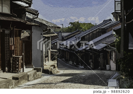 水彩画風　関宿　宿場町の町並み　三重県亀山市 98892620