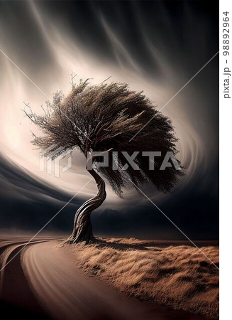 Big storm blowing big tree in arid desert on drought weather Created with Generative AI technology. 98892964