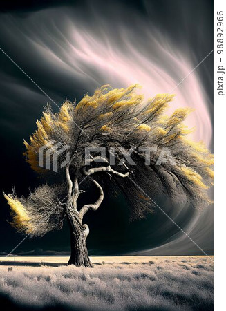 Big storm blowing big tree in arid desert on drought weather Created with Generative AI technology. 98892966