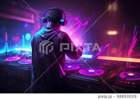 DJ player audio mixing electronic music in a nightclub party Created with Generative AI technology. 98893039