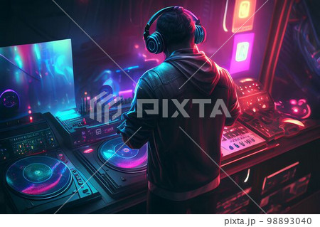 DJ player audio mixing electronic music in a nightclub party Created with Generative AI technology. 98893040