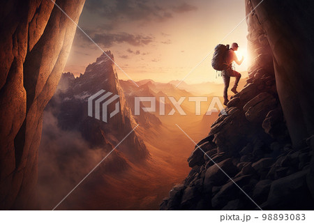Man climbs up mountain, climber on rock wall at sunset, generative AI Man climbs up mountain, climber on rock wall at sunset, generative AI 98893083