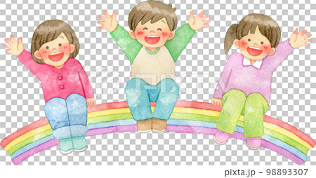 虹に座って手を振る笑顔の子供たちの水彩イラスト 98893307