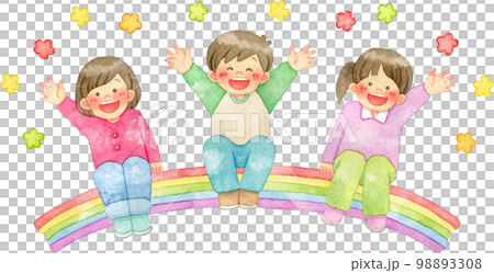 虹に座って手を振る笑顔の子供たちの水彩イラスト(花の装飾付き) 98893308