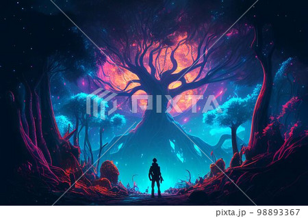 Fantasy of neon forest glowing colorful like fairytale. (Created with Generative AI technology). Fantasy of neon forest glowing colorful like fairytale. (Created with Generative AI technology). 98893367