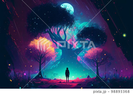 Fantasy of neon forest glowing colorful like fairytale. (Created with Generative AI technology). 98893368