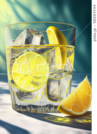 Glass of cold freshly lemonade juice and ice cube for healthy Created with Generative AI technology. 98893544