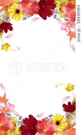 水彩で描いた秋の花と紅葉の縦型フレーム 98896963