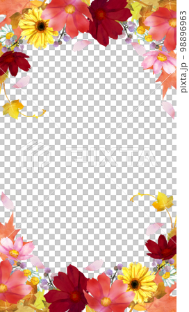 水彩で描いた秋の花と紅葉の縦型フレーム 98896963