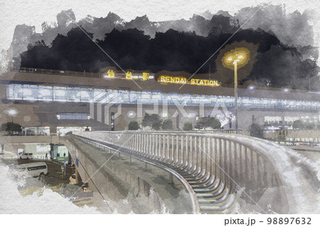 水彩画風　仙台駅西口　宮城県仙台市 98897632