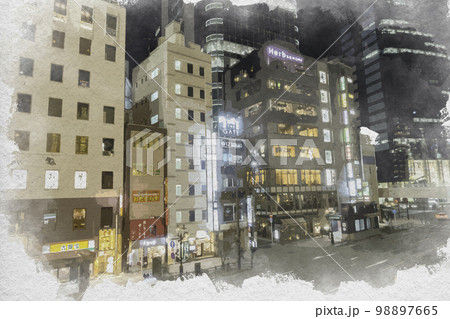 水彩画風　仙台駅西口　駅前通り 　宮城県仙台市 98897665