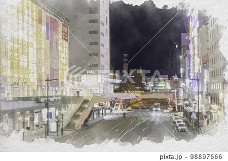 水彩画風　仙台駅西口　駅前通り 　宮城県仙台市 98897666