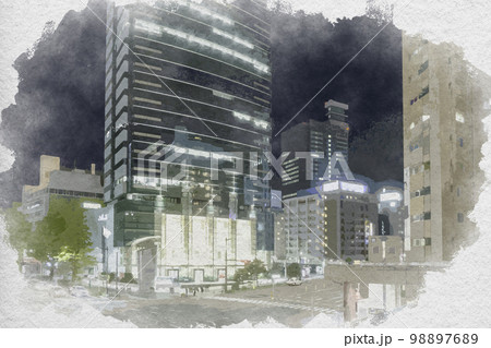 水彩画風 仙台駅西口 駅前通りと広瀬通の交差点 宮城県仙台市 水彩画風 仙台駅西口 駅前通りと広瀬通の交差点 宮城県仙台市 98897689