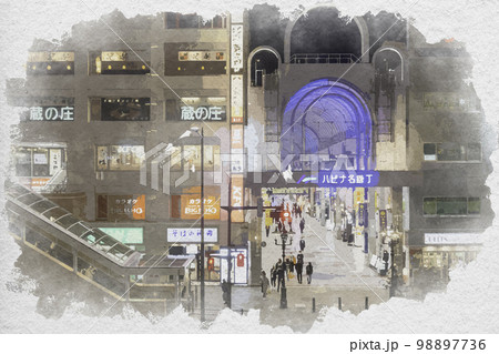水彩画風　仙台駅西口　ハピナ名掛丁商店街 　宮城県仙台市 98897736