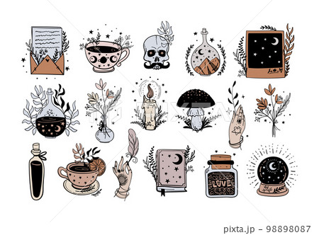 Set of mystical stickers, boho tattoo for witch, witchcraft and esoteric linear symbols, color vector illustration isolated on white background. Vintage design. 98898087