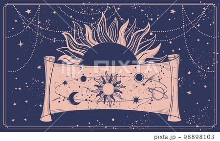Astrological celestial banner for the zodiac, tarot. Mystical map of the universe with symbols of planets, sun and moon, witch vector vintage illustration. Astrological celestial banner for the zodiac, tarot. Mystical map of the universe with symbols of planets, sun and moon, witch vector vintage illustration. 98898103